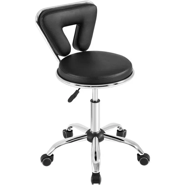 Global Star Adjustable Height Lab Stool with Wheels – Black Backed Stool for Spa, Office, and Salon
