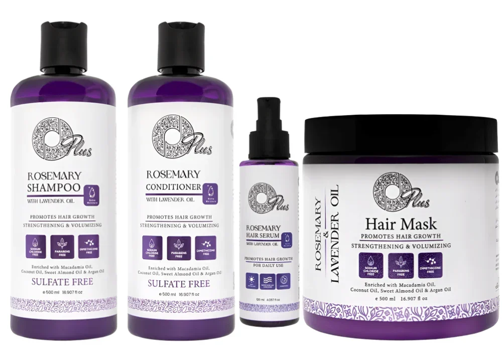 OPlus Haircare Set – Lavender Oil Conditioner 500ml, Rosemary Shampoo with Lavender Oil 500ml, Rosemary Hair Serum 120ml, Hair Mask 500ml – 4 Piece Set